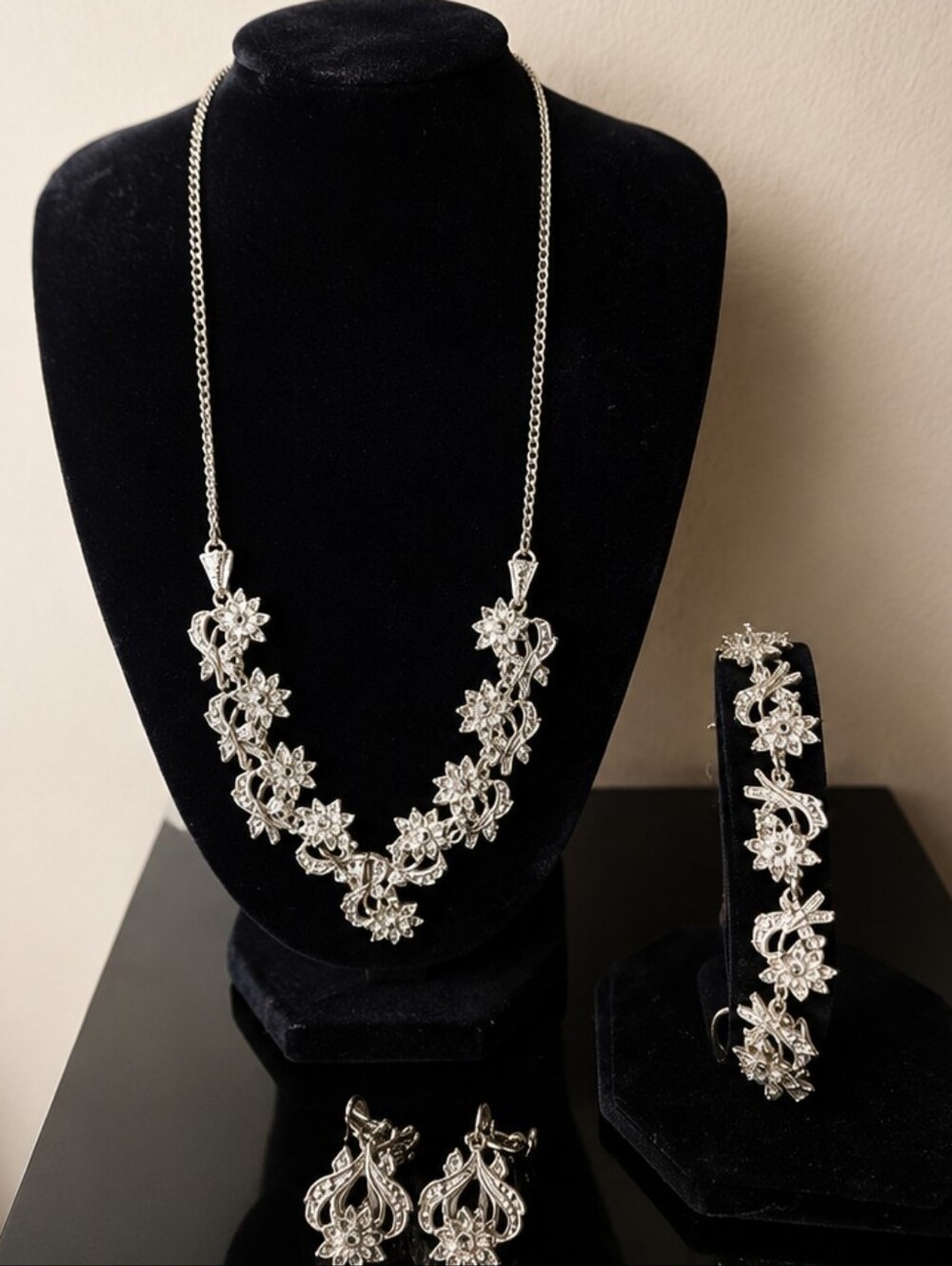 Vintage KDZ Sterling Silver Marcasite Floral Parure Set Necklace Bracelet...